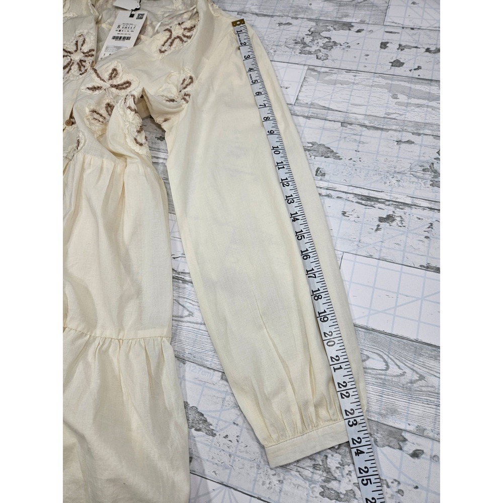 Zara Women Cream Embroidered Floral Mini Dress V-Neck Tassel Belt Size S - Picture 4 of 7